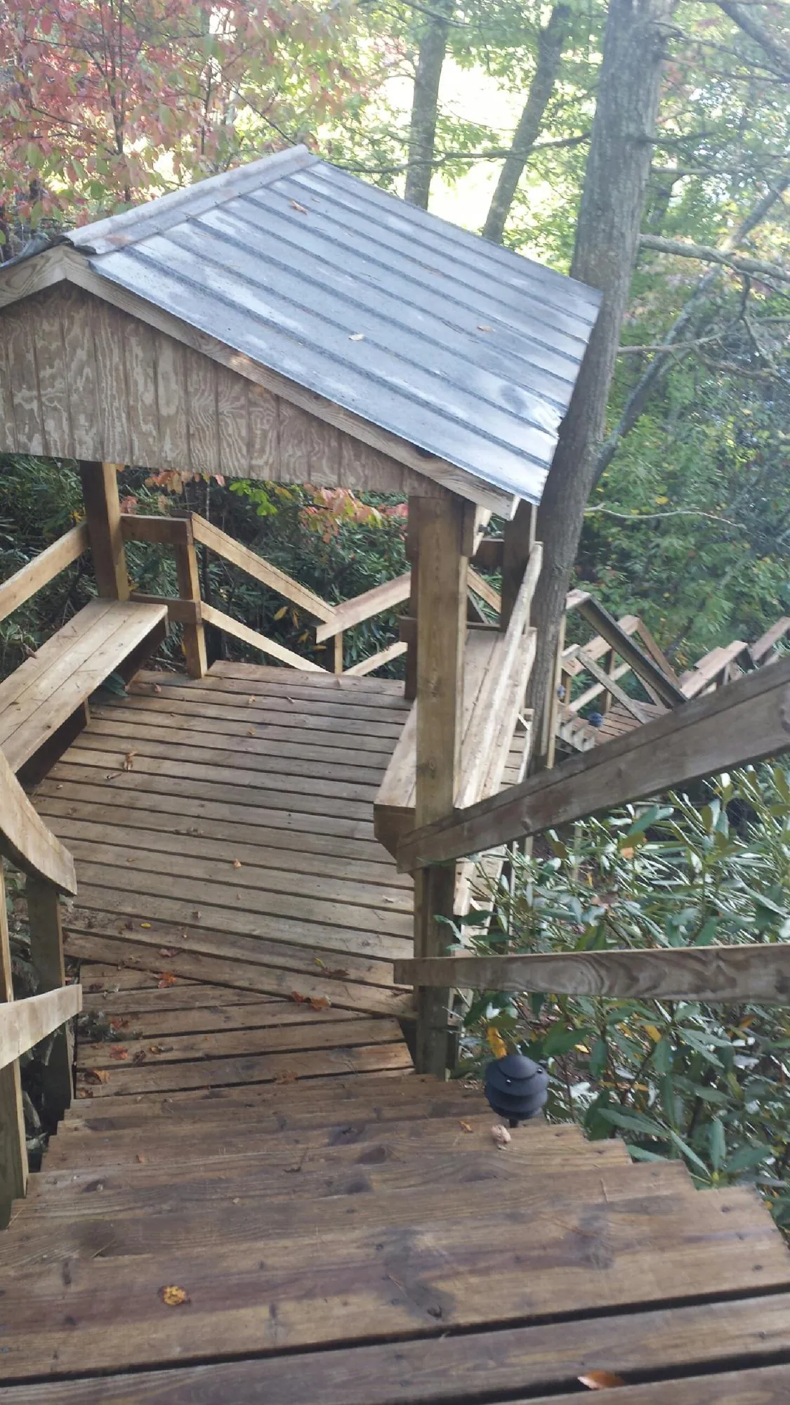 Metal roofed shelter over wooden steps on a wooded walkway — Skylight Repair & Installation work by our crew in Roby